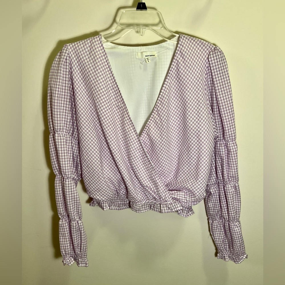 Purple plaid wrap top